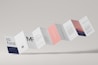 A series of connected rectangular paper flaps arranged in a zigzag pattern, featuring text and imagery. The paper design includes various sections with different colors such as white, navy, pink, and a section with a mountain landscape image. The layout appears professional and modern, with clean typography and minimalistic design elements.