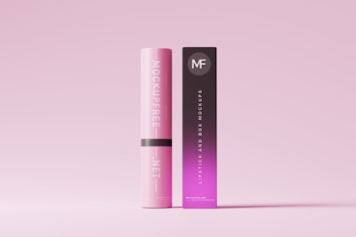 A lipstick tube and its box are displayed against a pink background. The tube is cylindrical with a light pink color and white text reading 'mockupfree.net'. The box is rectangular with a gradient from black to purple, featuring the text 'Lipstick and Box Mockups'.