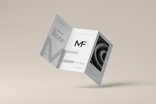 A tri-fold brochure mockup is depicted with a minimalist design. It features clean lines and a modern aesthetic with a grayscale color scheme. The front side has an 'MF' logo, and there's an abstract spiral image on one of the panels.