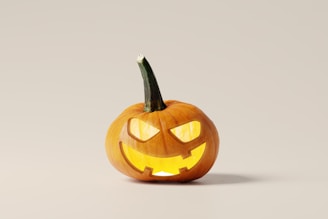 A spooky pumpkin with a mischievous grin surrounded by colorful autumn leaves.