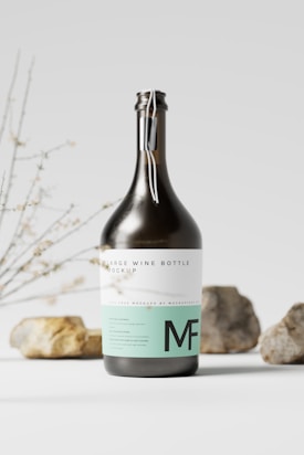 A large wine bottle featuring a modern label design stands in the foreground. The label is white with minimalist text and teal accents that include the letters 'MF'. Behind the bottle, there are some natural elements such as rocks and branches, providing an organic and simple backdrop. The light gray background complements the bottle's dark glass.