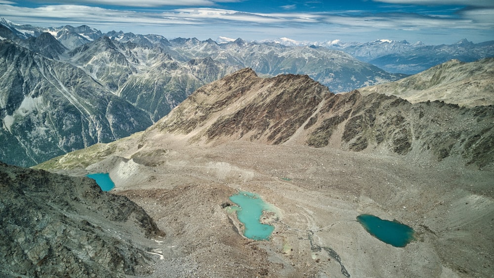 a view of a mountain range with a lake in the middle