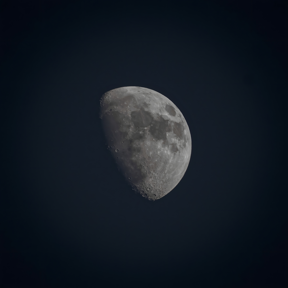 a half moon is seen in the dark sky