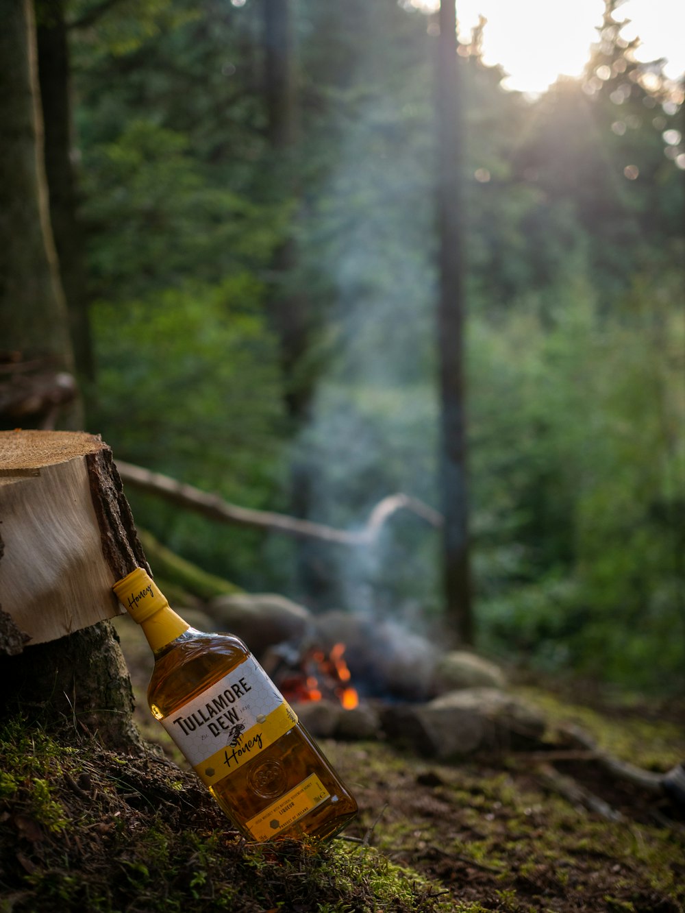 a bottle of alcohol sitting on top of a tree stump
