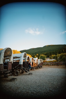 A series of covered wagons are lined up on a gravel area, surrounded by wooden fences and set against a backdrop of lush green hills and a clear blue sky. A person is seated on the steps of one of the wagons, wearing a cowboy hat and casual attire. The setting appears to be rustic and peaceful, suggesting a historical or Western theme.