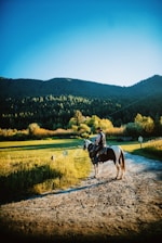 A person wearing cowboy attire rides a horse along a dirt path surrounded by lush greenery and trees at the foothills of a mountain range. The scene is bathed in the warm light of a setting or rising sun, casting long shadows and highlighting the vibrant natural environment.