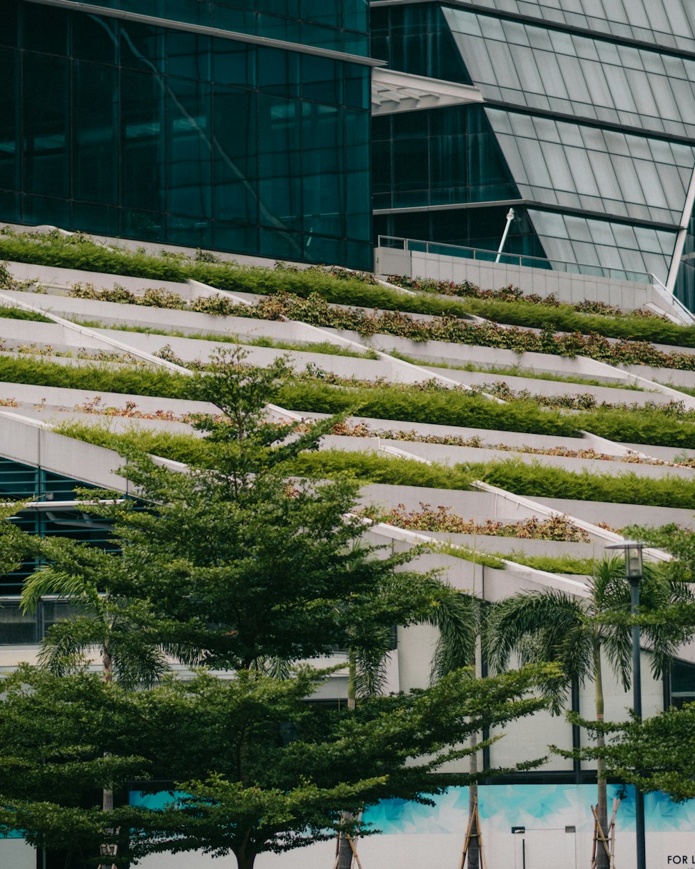 a building with a green roof and trees in front of it