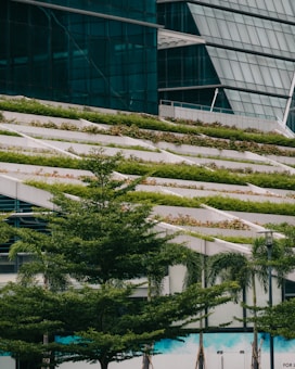 A modern building with a sloped green roof featuring multiple levels of vegetation. Large glass windows are visible in the background, and there are several trees and landscaped greenery at the base.