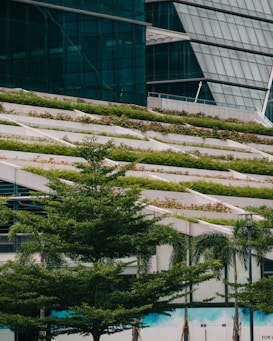 A modern building with a sloped green roof featuring multiple levels of vegetation. Large glass windows are visible in the background, and there are several trees and landscaped greenery at the base.