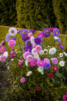 A vibrant cluster of colorful flowers in full bloom, featuring shades of pink, purple, white, and magenta. The flowers are set against a lush background of greenery, creating a lively and cheerful garden scene.