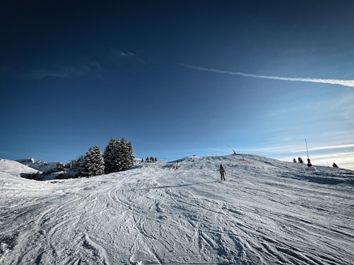 A ski instructor coaching a group on varied terrain under clear blue skies.