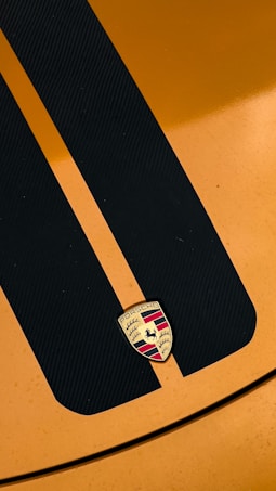 A close-up of a car's hood featuring a prominent logo with a gold emblem in the center, situated between two bold, dark racing stripes. The hood has a sleek and polished surface.