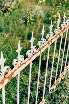 A wrought iron fence with decorative spearhead finials stands in a lush garden. The fence shows signs of rust, accentuating its aged appearance. In the background, there is dense greenery with various plants and wildflowers.