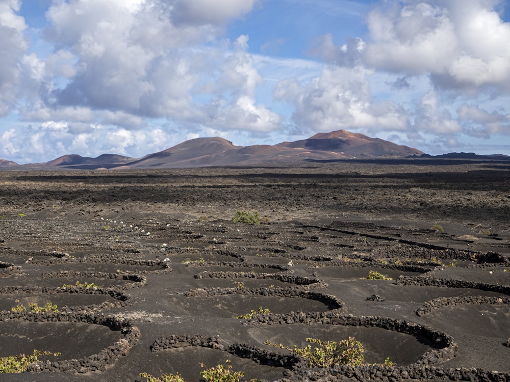 a dirt field with mountains in the background