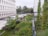 A lush green rooftop garden with various shrubs and grasses is visible. The garden features benches and is surrounded by a white building with multiple windows. A white car is parked on the pavement nearby. Trees and other vegetation line the background, giving a sense of an urban environment with greenery.