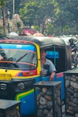 A colorful rickshaw is parked on a bustling street, surrounded by metal cages filled with stones. A man sits inside the rickshaw, gazing outward. In the background, other vehicles and people are visible, along with trees and urban structures.