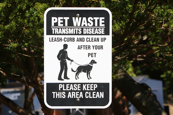 A black and white sign with text warning about pet waste transmitting disease. It instructs pet owners to leash and clean up after their pets. The sign features an illustration of a person walking a dog. It is mounted on a post surrounded by trees.