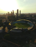 A panoramic view of a packed cricket ground bathed in golden sunset light.
