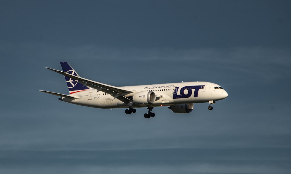 a large jetliner flying through a blue sky