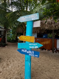 A tropical setting featuring a colorful wooden signpost with arrows pointing in different directions, each labeled with distant locations and their respective nautical miles. Surrounding the signpost are lush green palm leaves and thatched-roof structures that create a beach-like ambiance.