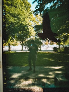 A reflection of a person holding a phone is seen on a glass surface, with a large silhouette of a bird overlaying the image. The background features a lush park with green trees and a sunlit pathway leading towards a fence.