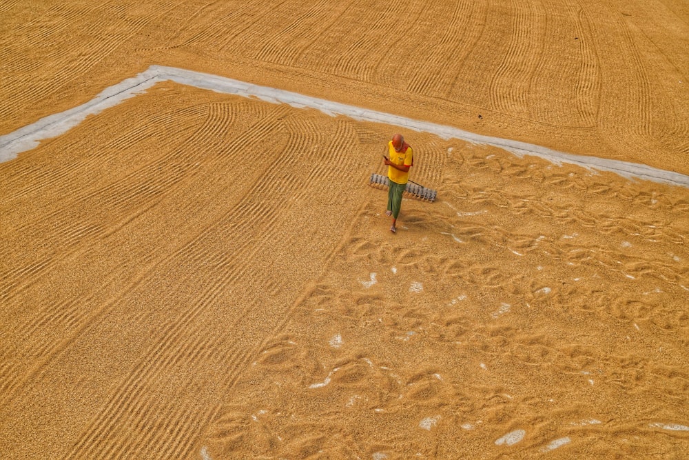 a person walking across a field with a basket