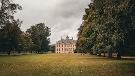A historic chateau is framed by two rows of lush green trees under a cloudy, overcast sky. The expansive lawn in the foreground is bordered by these trees, leading the eye toward the grand building in the background. The chateau displays classic architectural features and appears to be several stories high.