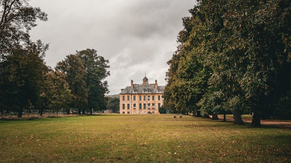 A historic chateau is framed by two rows of lush green trees under a cloudy, overcast sky. The expansive lawn in the foreground is bordered by these trees, leading the eye toward the grand building in the background. The chateau displays classic architectural features and appears to be several stories high.