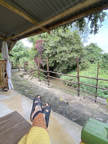 A person is relaxing by sitting with their feet up on a wooden bench under a canopy. The scene overlooks a serene natural setting featuring lush greenery. A small, tranquil stream can be seen in the background, bordered by a wooden fence. The area is shaded by a large leafy tree with some branches bearing reddish leaves.