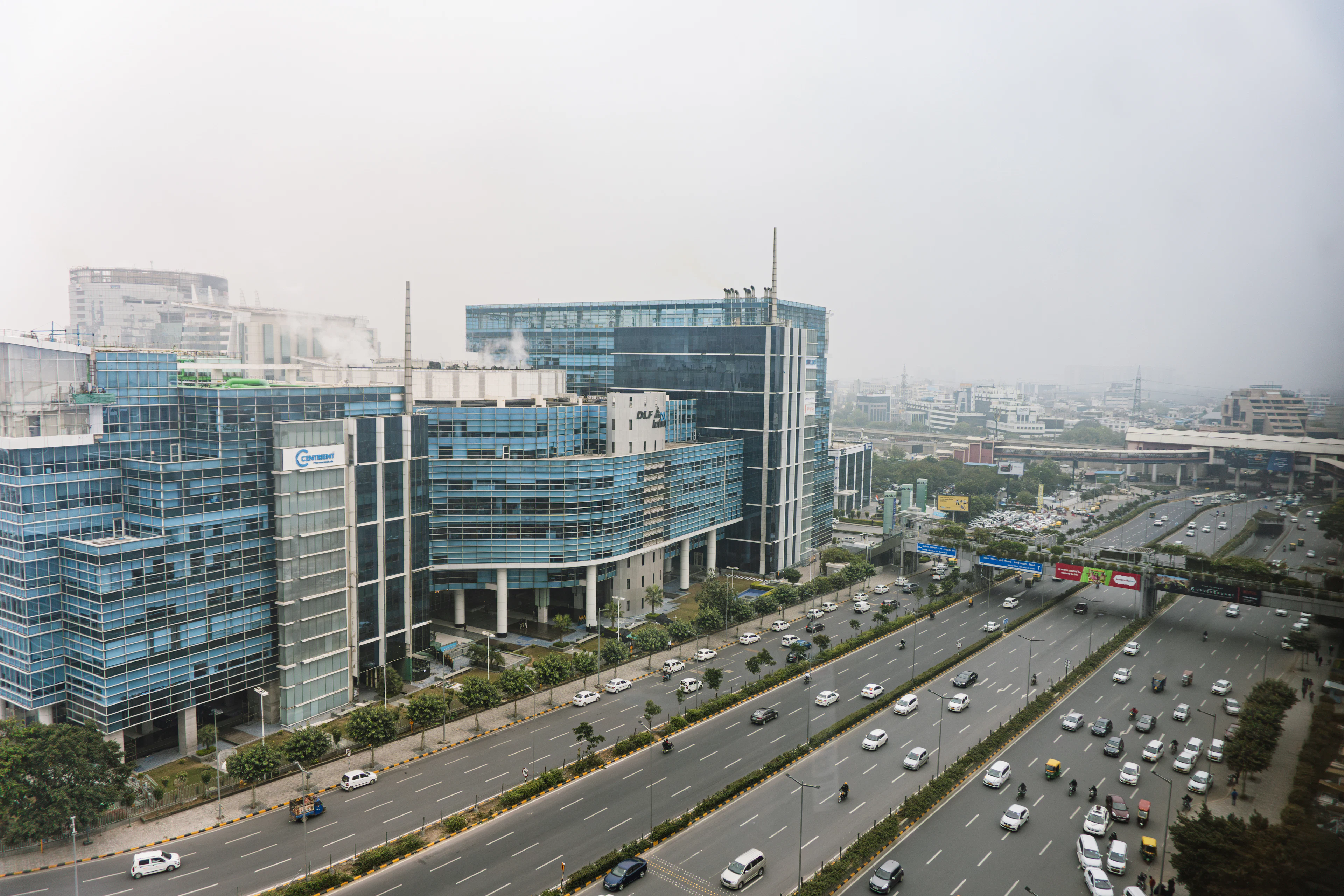 Busy expressway beside office towers in Gurugram
