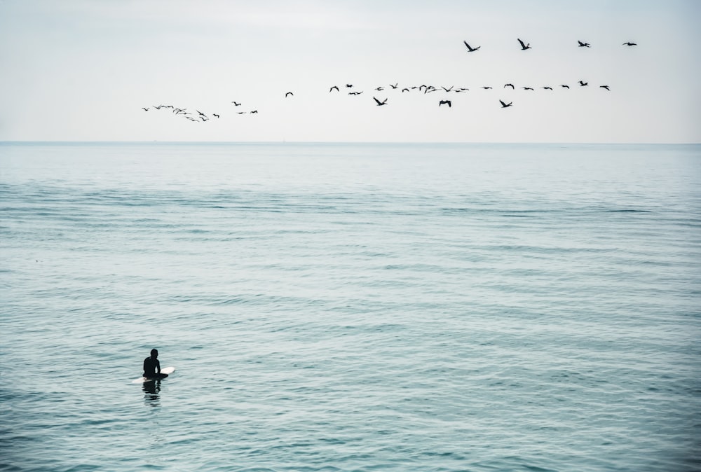 a person standing in the ocean with a flock of birds flying overhead