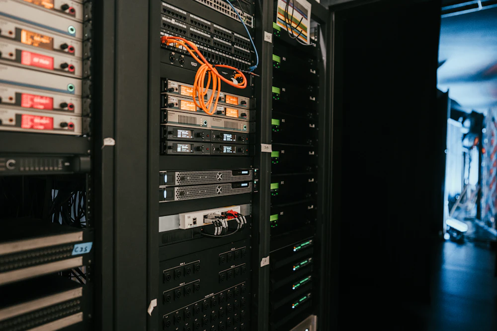 Rack-mounted servers and networking equipment stacked in a cabinet