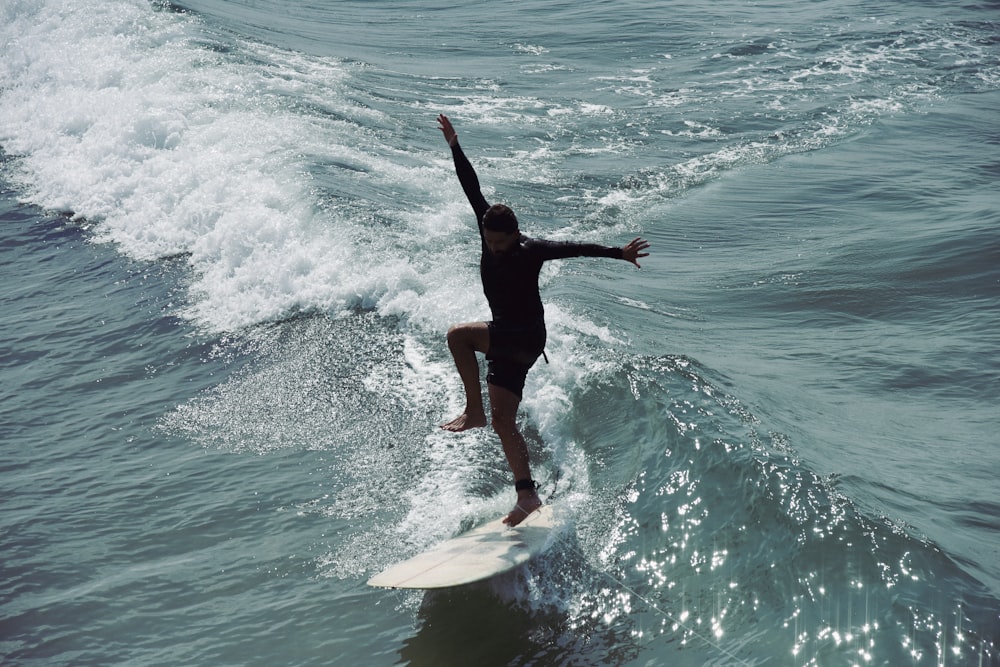 a person riding a surfboard on a wave in the ocean