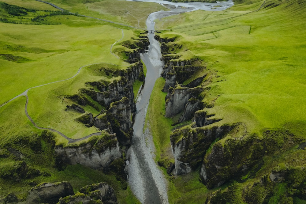 무성한 녹색 계곡을 흐르는 강