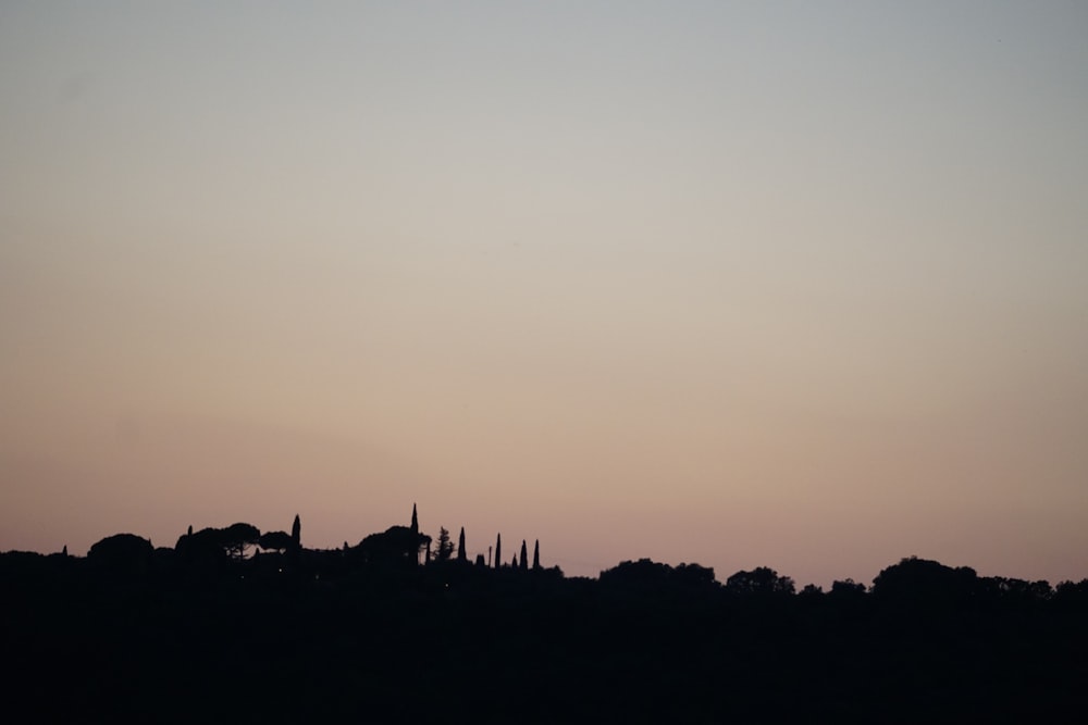 a silhouette of a city with a plane flying in the sky