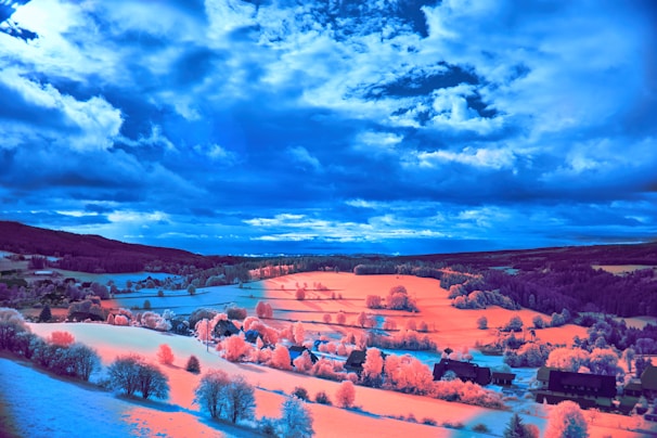 A vibrant AI-generated landscape showcasing surreal colors and forms.