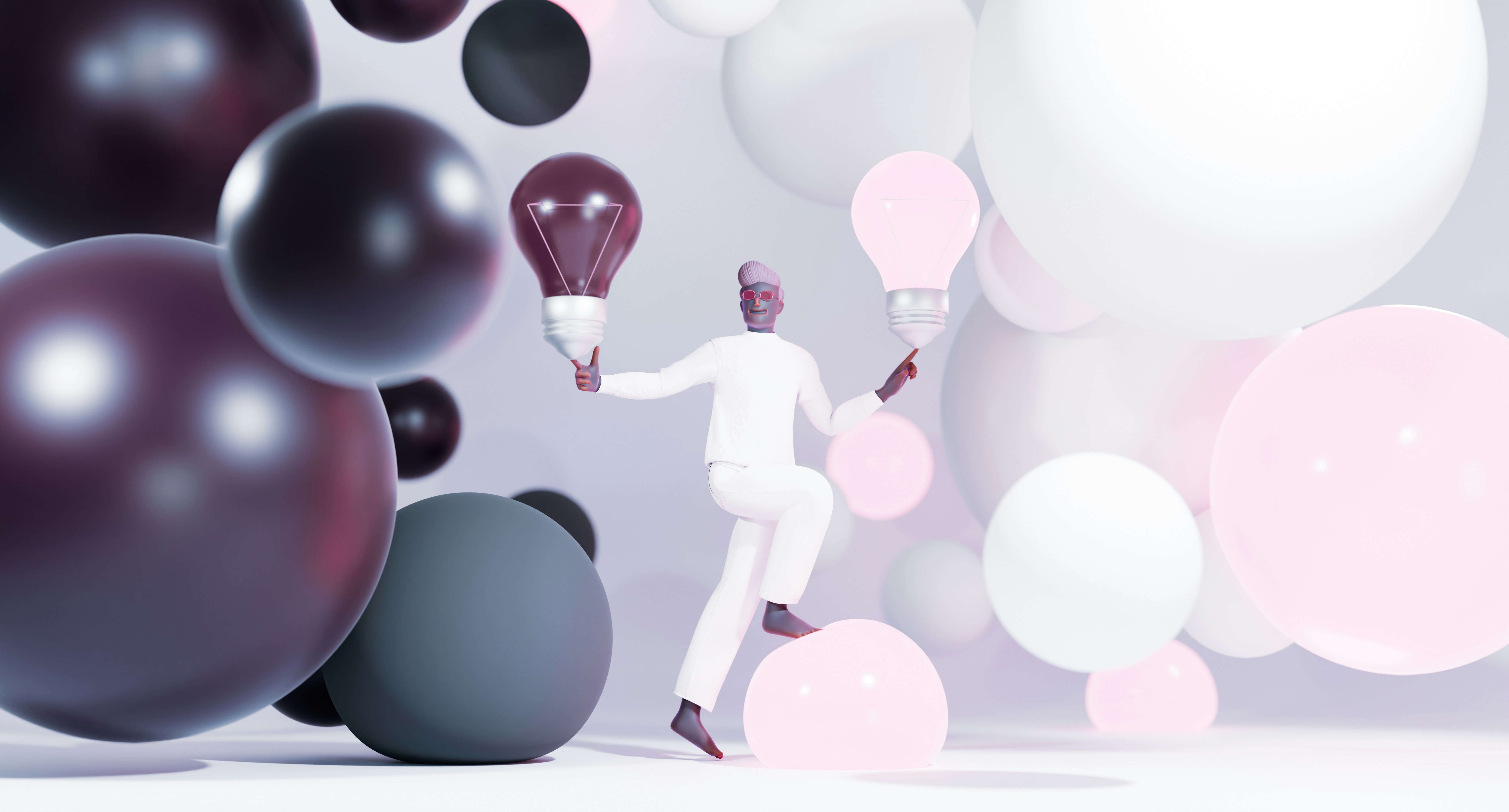 a person holding a light bulb in front of a bunch of balloons