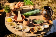 A rustic wooden table set with an assortment of homemade dishes and fresh ingredients.