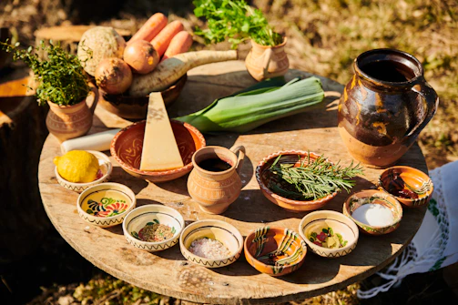 A rustic wooden table displaying ingredients for a homemade vegetable soup with fresh herbs.