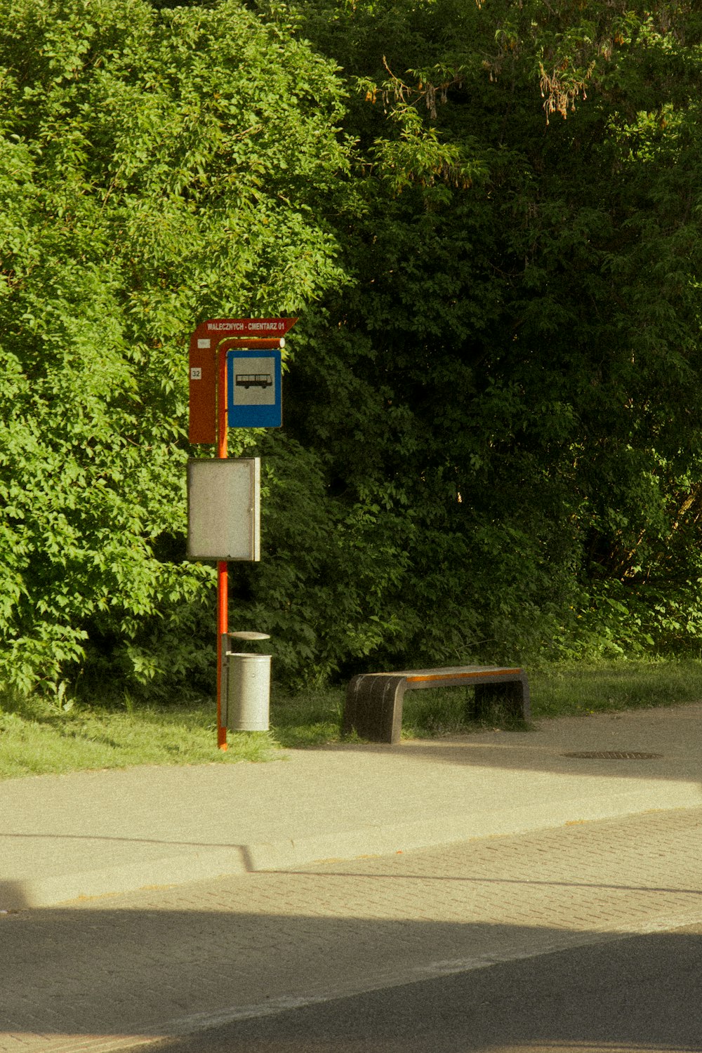 a bench sitting on the side of a road next to a forest