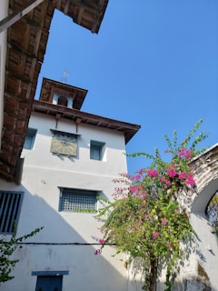 a tall white building with a clock on it's face
