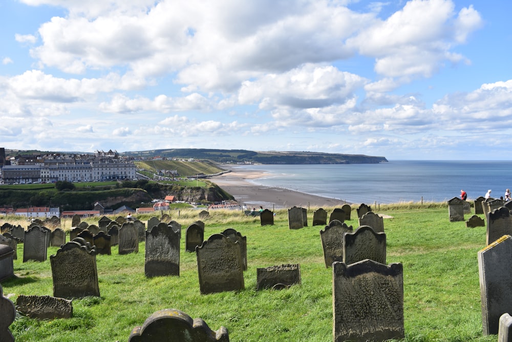 a group of headstones on a grassy hill overlooking the ocean