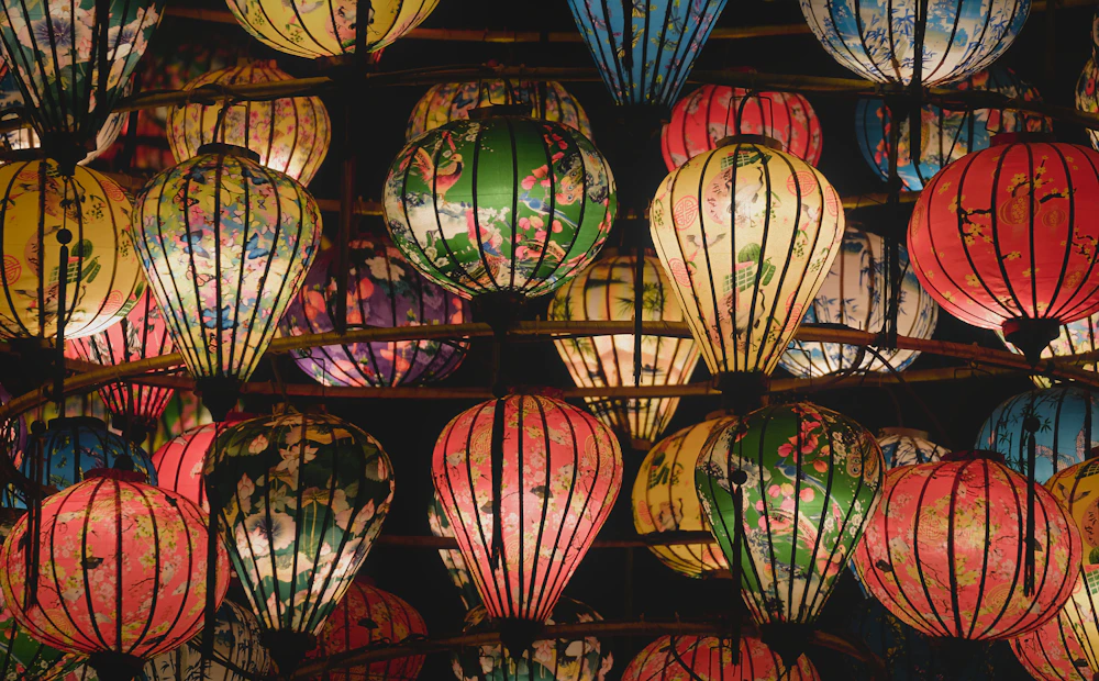 Colorful Vietnamese lanterns glowing overhead