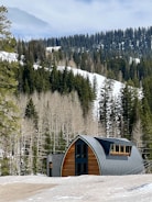 A sleek prefabricated cottage nestled on a snowy hillside with steel frame visible.