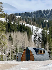 A sleek modern cabin nestled in a forest clearing with a bear silhouette carved into the wooden facade.
