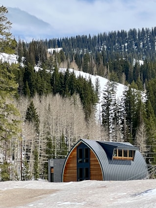 A sleek, modern prefabricated cottage nestled on a snowy mountain slope under a clear sky.