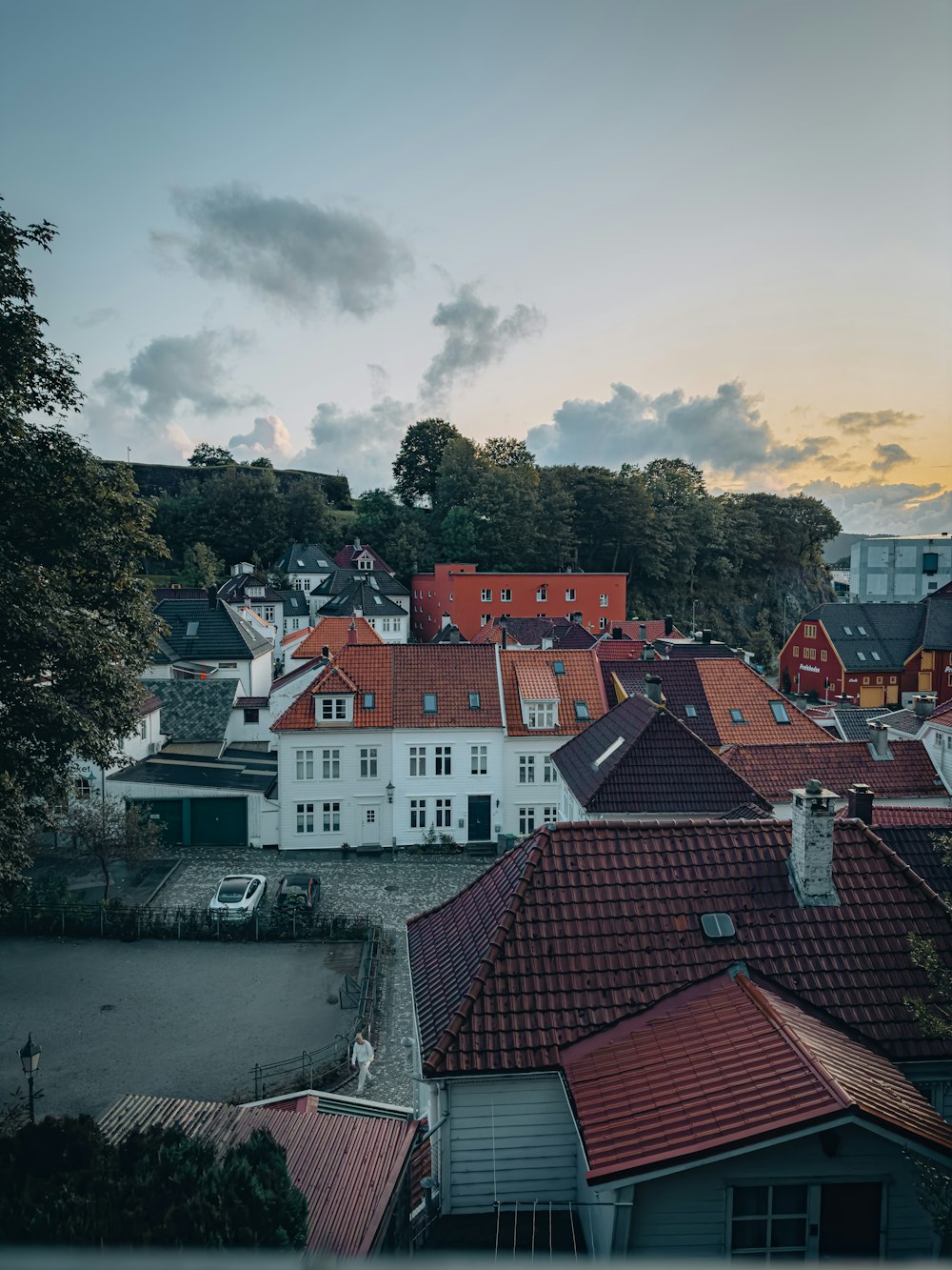 a view of a city with red roofs