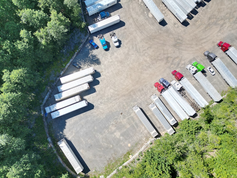 a group of trucks parked in a parking lot