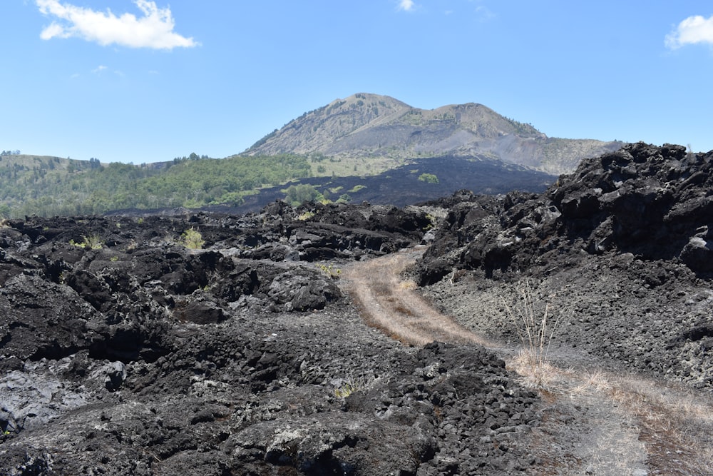 a dirt road with a mountain in the background