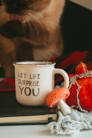 A cozy scene featuring a cream-colored mug with the words 'Let life surprise you' written on it. The mug is placed on a book alongside a small orange mushroom and a decorative pumpkin with a silver crown. In the background, part of a cat can be seen grooming itself, adding a warm and relaxing touch.